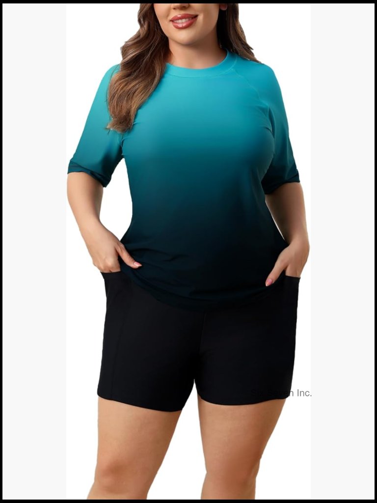 Plus Size Built-In Bra Rash Guard Two Piece Swim Set With Boyleg Shorts